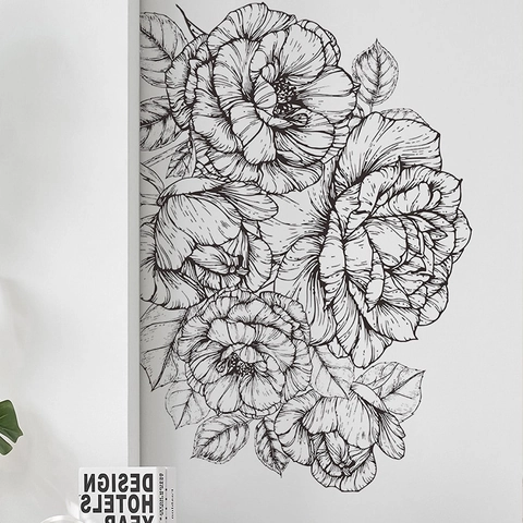 Autocollants Muraux Floraux Rose Pivoine Noir Et Blanc PVC Amovible Art Linéaire Fleurs Stickers Pour Salon Chambre Décoration Minimaliste