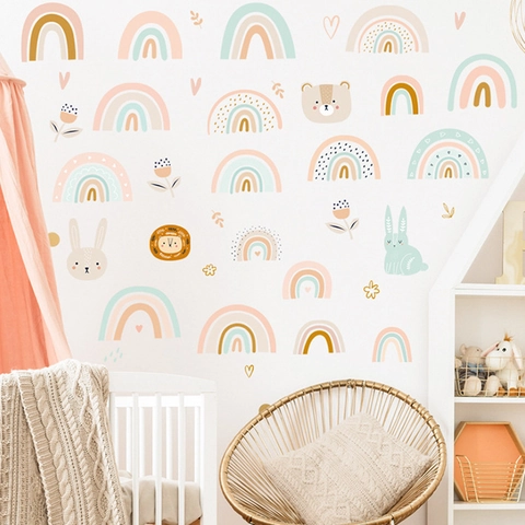 Boho Regenboog Cartoon Dieren Muurstickers Voor Kinderkamer Decor PVC Verwijderbaar Scandinavische Beer Konijn Leeuw Stickers