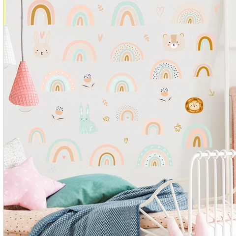 Boho Regenboog Cartoon Dieren Muurstickers Voor Kinderkamer Decor PVC Verwijderbaar Scandinavische Beer Konijn Leeuw Stickers