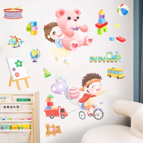 Adesivi Murali per Cameretta Bambini Cartone Animato DIY Removibili Scuolabus Treno Alfabeto Pattern PVC Decalcomania Parete