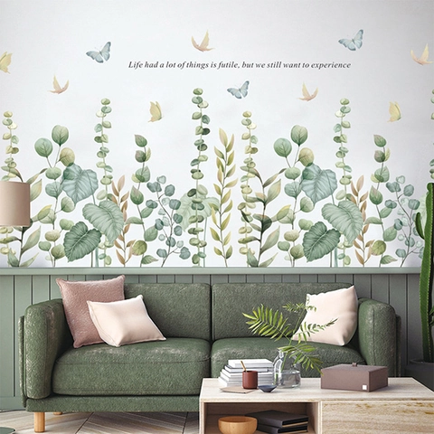 Adesivo da Parete con Foglie di Piante Verdi Eucalyptus Farfalle Decalcomania in PVC Rimovibile Con Citazione Motivazionale Decorazione