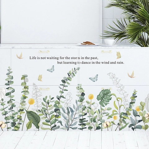 Adesivo da Parete con Foglie di Piante Verdi Eucalyptus Farfalle Decalcomania in PVC Rimovibile Con Citazione Motivazionale Decorazione
