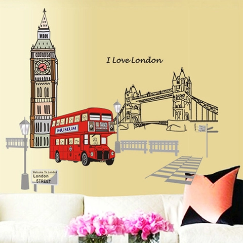 Londen Bezienswaardigheden Rode Bus PVC Muurstickers Verwijderbare Britse Stijl DIY Muurstickers Voor Woonkamer Slaapkamer