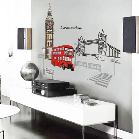 Londen Bezienswaardigheden Rode Bus PVC Muurstickers Verwijderbare Britse Stijl DIY Muurstickers Voor Woonkamer Slaapkamer