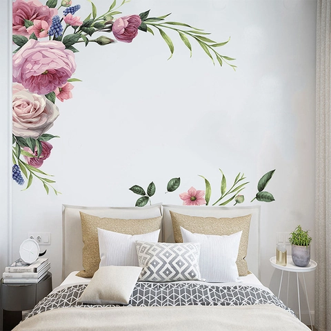 Adesivi Murali Floreali Rosa Peonia Acquerello Autoadesivi Rimovibili in PVC Adesivi Murali Angolo Fiore per Soggiorno Camera da Letto Casa