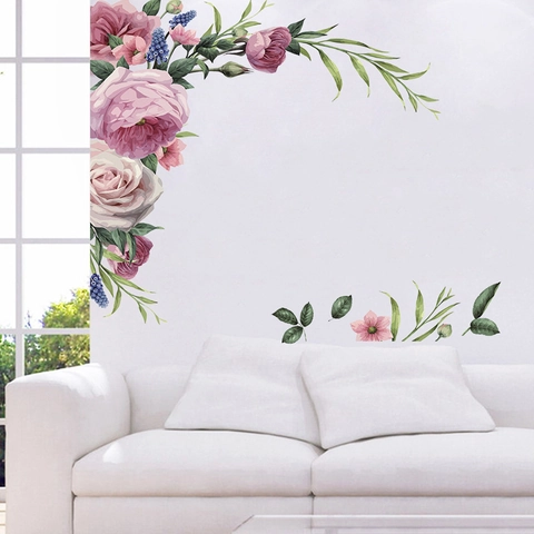 Adesivi Murali Floreali Rosa Peonia Acquerello Autoadesivi Rimovibili in PVC Adesivi Murali Angolo Fiore per Soggiorno Camera da Letto Casa