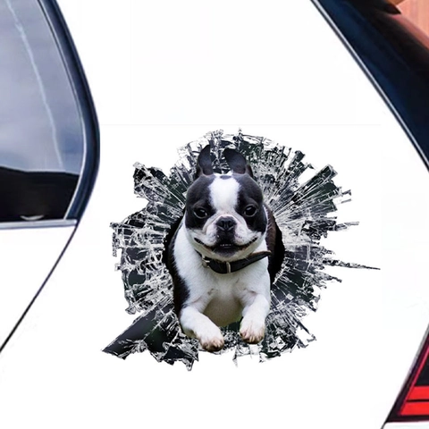 3D Boston Terrier Dog Breaking Glass Car Sticker Funny Animal PVC Wall Decal For Auto Window Living Room Home Decoration
