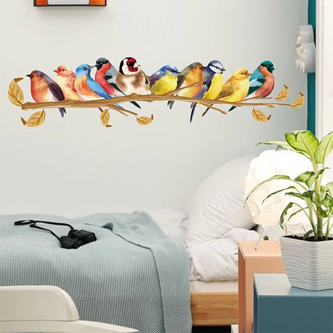 Watercolor Birds On Branches Wall Stickers Creative Cartoon Bird Branch Wall Decals Removable PVC Home Decor For Living Room