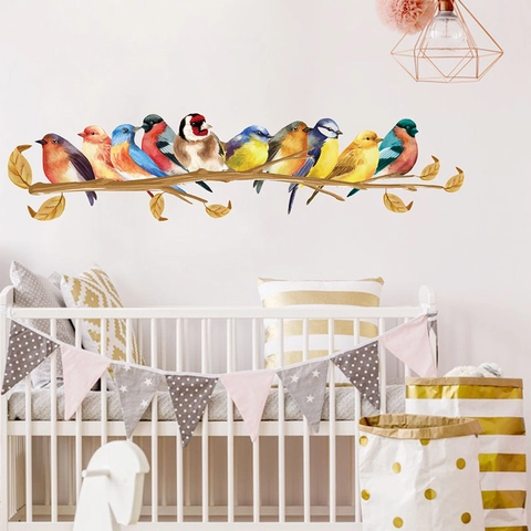Watercolor Birds On Branches Wall Stickers Creative Cartoon Bird Branch Wall Decals Removable PVC Home Decor For Living Room