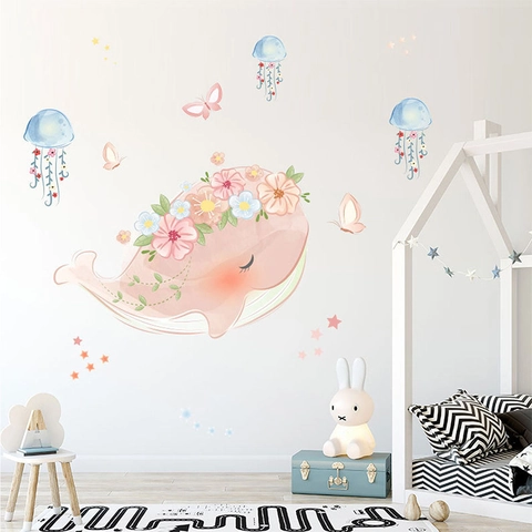 Cartoon Pink Whale Floral Wreath Jellyfish Wall Sticker Watercolor PVC Waterproof DIY Decal For Kids Bedroom Nursery Room