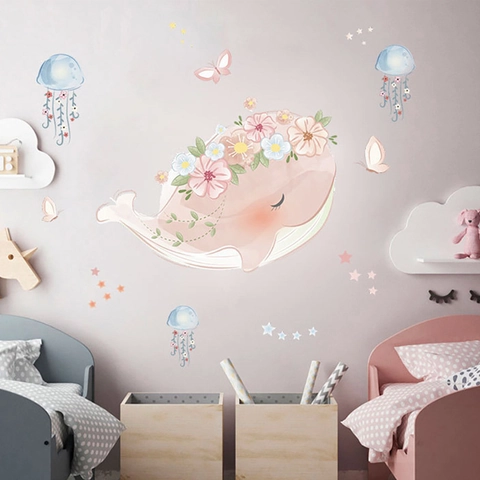 Cartoon Pink Whale Floral Wreath Jellyfish Wall Sticker Watercolor PVC Waterproof DIY Decal For Kids Bedroom Nursery Room