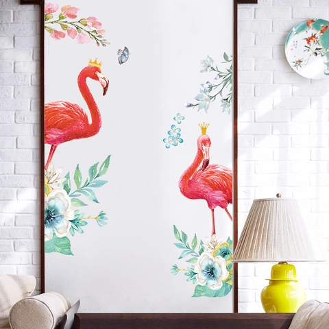 Removable Flamingo Flower Wall Sticker PVC Self-Adhesive Plant Floral Wall Decal For Living Room Bedroom Home Decor