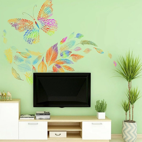Bunter Farbverlauf Schmetterling Und Feder Wandtattoo Abnehmbares PVC Künstlerisches DIY Wandbild Für Wohnzimmer Schlafzimmer