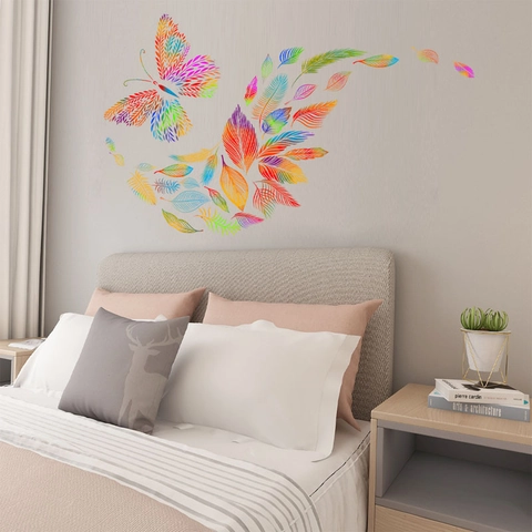 Bunter Farbverlauf Schmetterling Und Feder Wandtattoo Abnehmbares PVC Künstlerisches DIY Wandbild Für Wohnzimmer Schlafzimmer