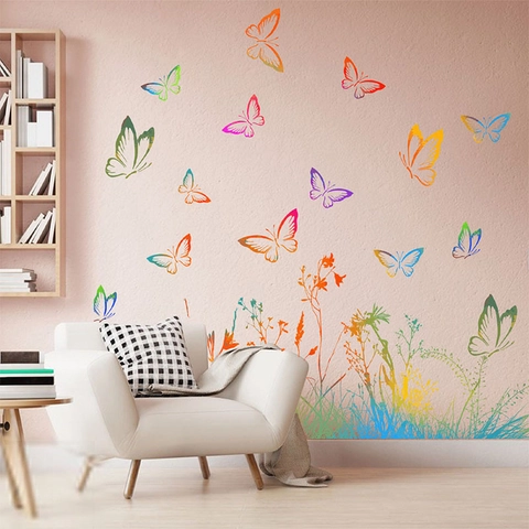 Adesivo Murale Farfalla Fiore Sfumatura Arcobaleno Adesivo Parete in PVC Rimovibile Per Soggiorno Camera da Letto Decorazione Casa