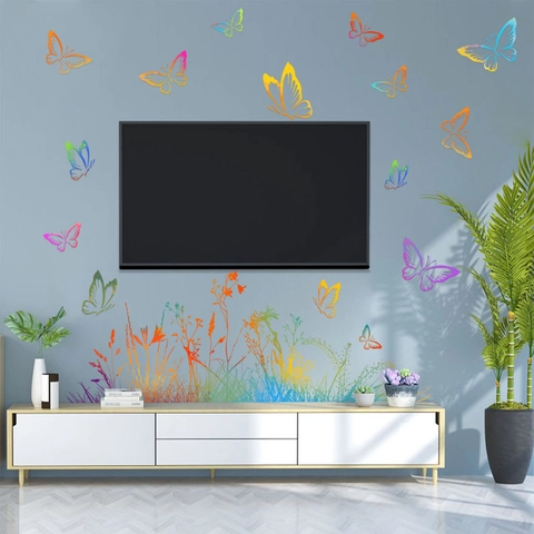 Adesivo Murale Farfalla Fiore Sfumatura Arcobaleno Adesivo Parete in PVC Rimovibile Per Soggiorno Camera da Letto Decorazione Casa