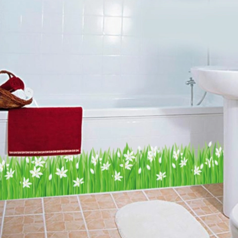Modern PVC Grass Lily Flower Wall Stickers Green Baseboard Wall Decal For Kitchen Bathroom Home Decor Self Adhesive Mural