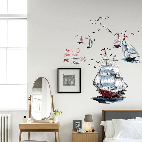 Nautical Sailing Boat Seagull Wall Stickers PVC Removable Wall Decals Hello Summer Anchor Home Decor For Bedroom Living Room