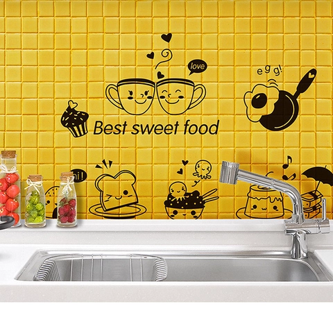Adesivo da Parete in PVC a Forma di Cibo e Dessert Cartone Animato Line Art Nera Adesivo DIY per Cucina Soggiorno Camera da Letto