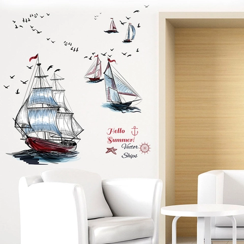 Nautical Sailing Boat Seagull Wall Stickers PVC Removable Wall Decals Hello Summer Anchor Home Decor For Bedroom Living Room