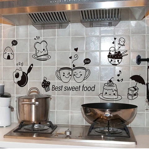 Adesivo da Parete in PVC a Forma di Cibo e Dessert Cartone Animato Line Art Nera Adesivo DIY per Cucina Soggiorno Camera da Letto