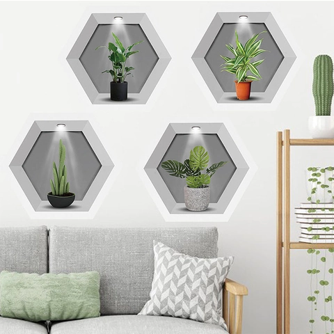 Adesivi Murali Piante Verdi In Vaso Esagonali 3D Moderno Minimalista PVC Decalcomanie Da Muro Autoadesive Per Soggiorno Camera Da Letto