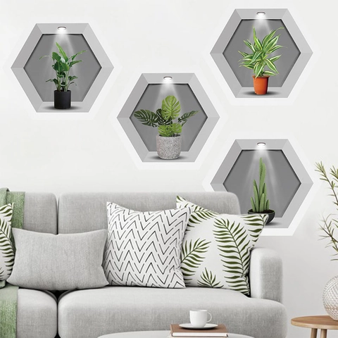 Adesivi Murali Piante Verdi In Vaso Esagonali 3D Moderno Minimalista PVC Decalcomanie Da Muro Autoadesive Per Soggiorno Camera Da Letto