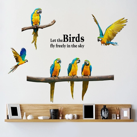 Macaw Parrot Wall Sticker Colorful Birds Branch PVC Removable DIY Decal For Living Room Bedroom Home Decor Let Birds Fly