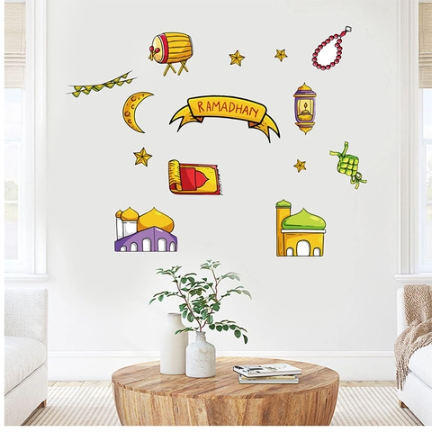 Ramadan Kareem Cartoon Mosque Moon Star Wall Stickers PVC Waterproof Eid Mubarak Decorative Decal For Bedroom Living Room