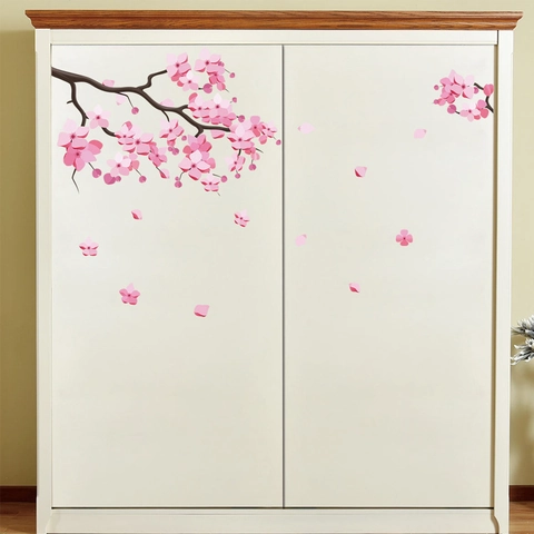 Cherry Blossom Pink Flower Tree Branch Wall Stickers Removable PVC Floral Wall Decal For Bedroom Living Room Bathroom Home Decor