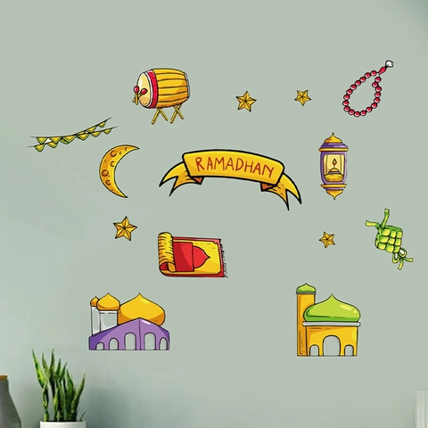 Ramadan Kareem Cartoon Mosque Moon Star Wall Stickers PVC Waterproof Eid Mubarak Decorative Decal For Bedroom Living Room