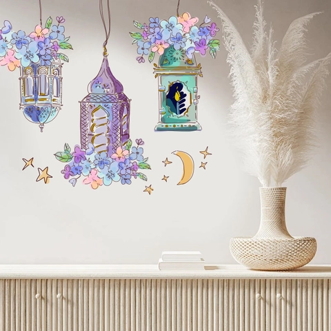 Adesivi Murali Floreali Lanterna Ramadan Luna Crescente Stelle Decalcomanie Decorative Boho Decorazioni Casa Adesivi PVC Impermeabili