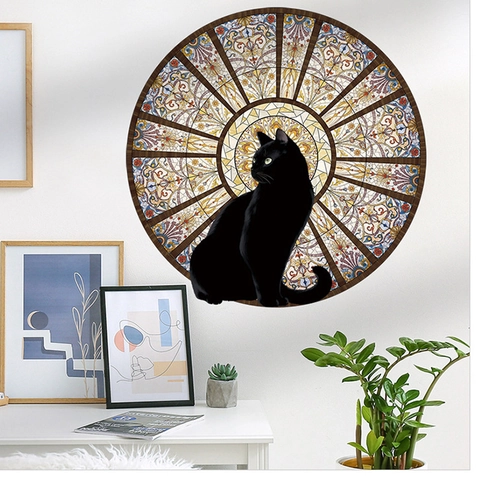 Sticker Mural Rond Style Vitrail Chat Noir PVC Autocollant Mandala Motif Décalcomanie Pour Salon Chambre Décoration