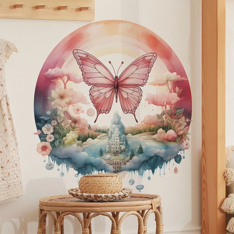 Fantasie Traumhaft Schmetterling Schloss Wandtattoo Hochwertiges PVC Selbstklebend Blumen Aufkleber Für Kinderzimmer Deko