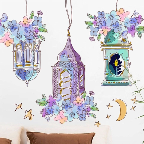 Adesivi Murali Floreali Lanterna Ramadan Luna Crescente Stelle Decalcomanie Decorative Boho Decorazioni Casa Adesivi PVC Impermeabili