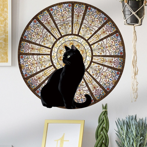 Sticker Mural Rond Style Vitrail Chat Noir PVC Autocollant Mandala Motif Décalcomanie Pour Salon Chambre Décoration