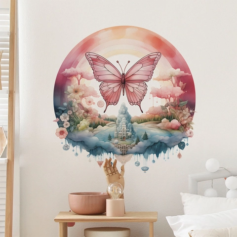 Fantasie Traumhaft Schmetterling Schloss Wandtattoo Hochwertiges PVC Selbstklebend Blumen Aufkleber Für Kinderzimmer Deko