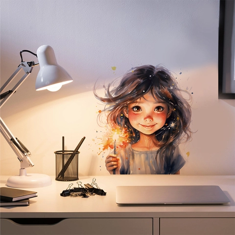 Cartoon Fireworks Girl Wall Sticker PVC Self-Adhesive Watercolor Art Decal For Kids Bedroom Nursery Living Room Wall Decor