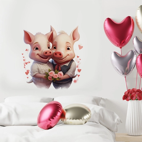 Cartoon Pig Couple Wall Sticker With Hearts And Roses Romantic PVC Self Adhesive Decal For Wedding Room Bedroom Home Decor