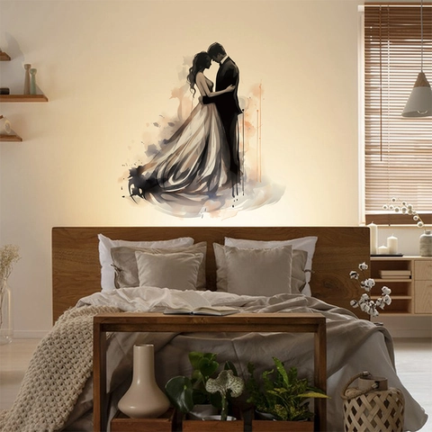 Autocollant Mural Silhouette Couple Mariage Romantique Décalcomanie PVC Aquarelle Artistique Décoration de Chambre Auto-Adhésif