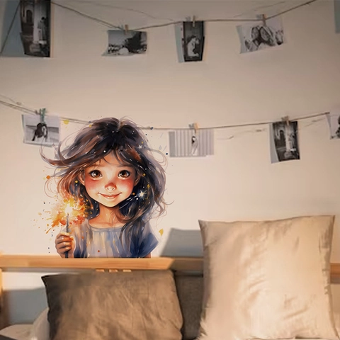 Cartoon Fireworks Girl Wall Sticker PVC Self-Adhesive Watercolor Art Decal For Kids Bedroom Nursery Living Room Wall Decor