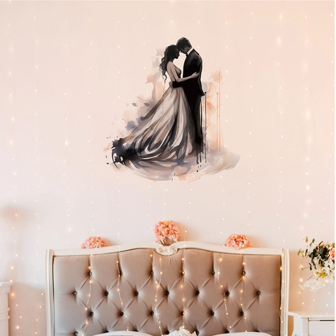 Autocollant Mural Silhouette Couple Mariage Romantique Décalcomanie PVC Aquarelle Artistique Décoration de Chambre Auto-Adhésif
