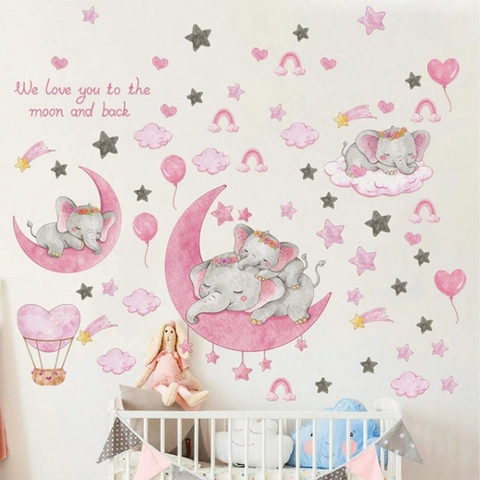 Traumhafter Elefant Rosa Heißluftballon Wandtattoo Aquarell Mond Sterne Kinderzimmer Aufkleber Für Kinderzimmer Wanddeko