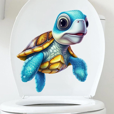 Pegatina para Tapa de Inodoro de Tortuga Marina en 3D Dibujos Animados Impermeable PVC Calcomanía Baño Decoración Pared