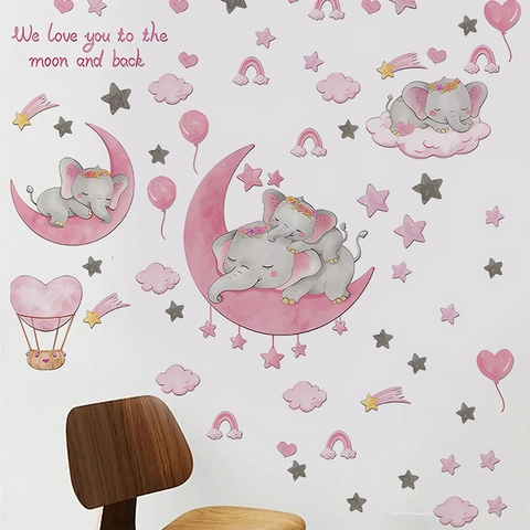 Traumhafter Elefant Rosa Heißluftballon Wandtattoo Aquarell Mond Sterne Kinderzimmer Aufkleber Für Kinderzimmer Wanddeko