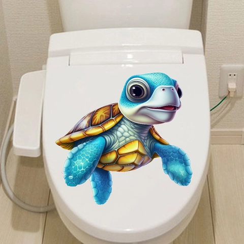 Pegatina para Tapa de Inodoro de Tortuga Marina en 3D Dibujos Animados Impermeable PVC Calcomanía Baño Decoración Pared