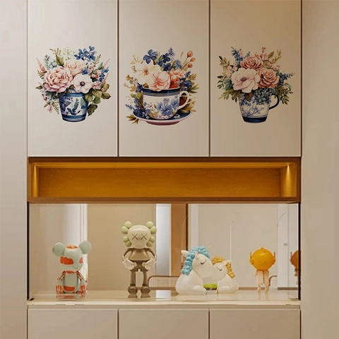 Floral Tea Cup Wall Stickers PVC Self-Adhesive Vintage Porcelain Style Flower Pot Mural For Living Room Cabinet Decor