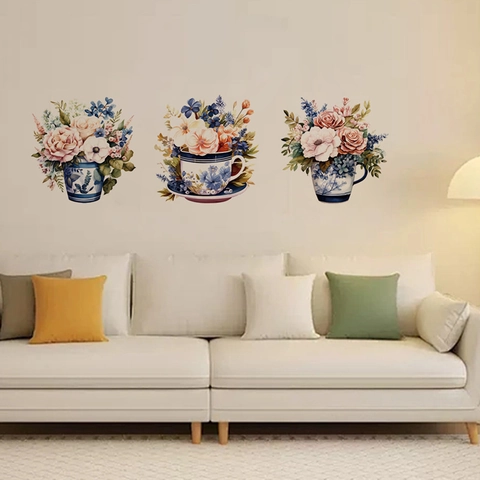 Floral Tea Cup Wall Stickers PVC Self-Adhesive Vintage Porcelain Style Flower Pot Mural For Living Room Cabinet Decor