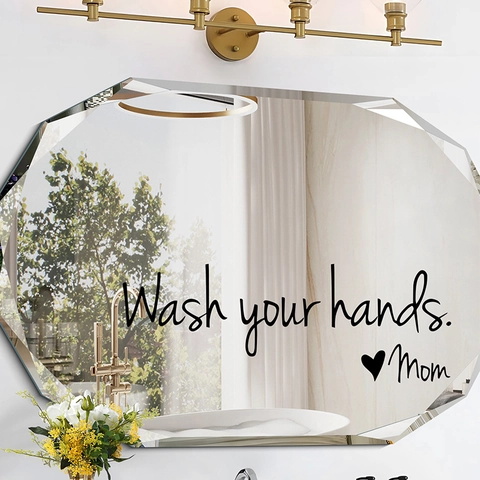 Vinilo de Pared Wash Your Hands Mom Patrón Corazón Calcomanía Espejo Para Baño Aseo Impermeable PVC Decoración Del Hogar