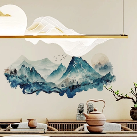 Moderne Chinese Inkt Landschap Muursticker Blauwe Bergen Vogels Maan PVC Zelfklevende Muursticker Voor Woonkamer Huis Decoratie